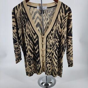 VTG Via Condotti‎ Cardigan Sweater Animal Print Gold Metallic Thread